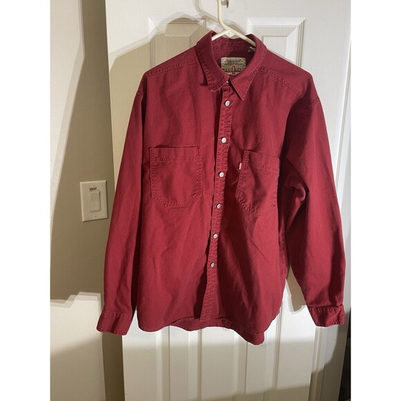 Vintage Levi’s Red Denim Metal Button Down Red Tab Pockets Shirt Mens Retro Y2K - Picture 1 of 16